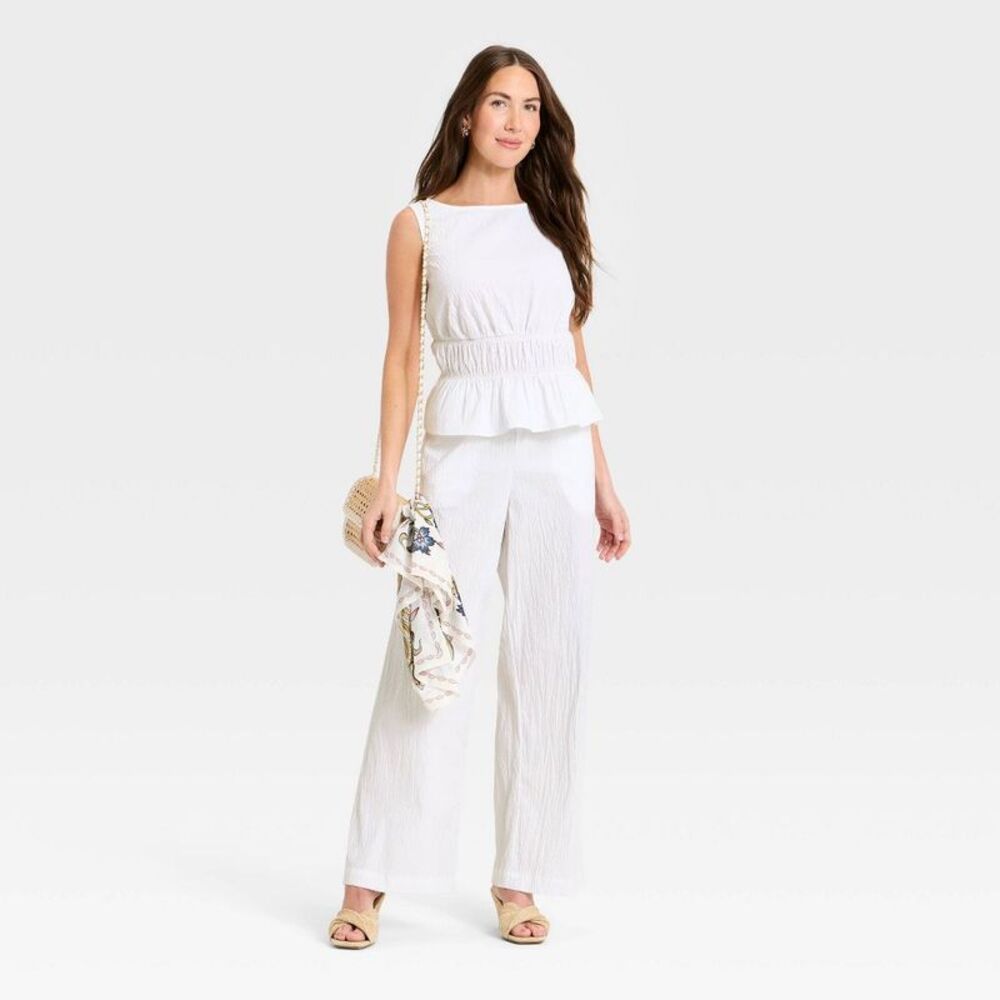 Women's Seersucker Effortless Pull-On Pants - A New Day White S - Picture 3 of 4